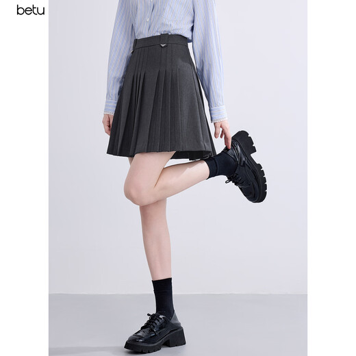 Betu women's 2025 autumn new skirt college style A-line pleated skirt versatile short skirt skirt 2508T65 dark gray M