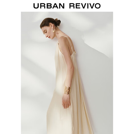 UR2025 autumn new women's clothing casual vacation style double suspender pleated A-line dress UWH750086 beige M