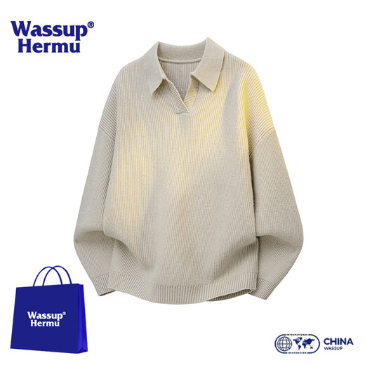 WASSUP HERMU official sweater for men in autumn and winter, high quality men's relaxed style pullover sweater with base layer jacket, apricot 2XL (recommended 160-180Jin Jin equals 0.5kg)
