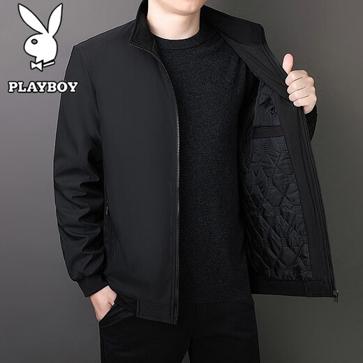 PLAYBOY Jacket Men's Autumn and Winter Large Size Men's Business Casual Windproof Stand Collar Jacket Black 2XL
