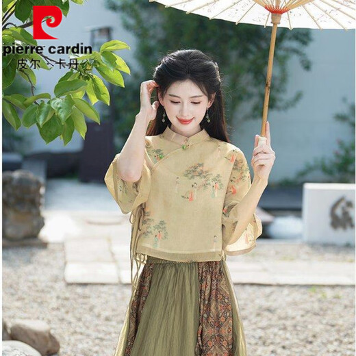 Pier Cardin summer new Chinese style oriental classical Chinese style jacquard slanted slanting temperament stand collar button top spliced ​​skirt suit 1043 green + 12161 brown L