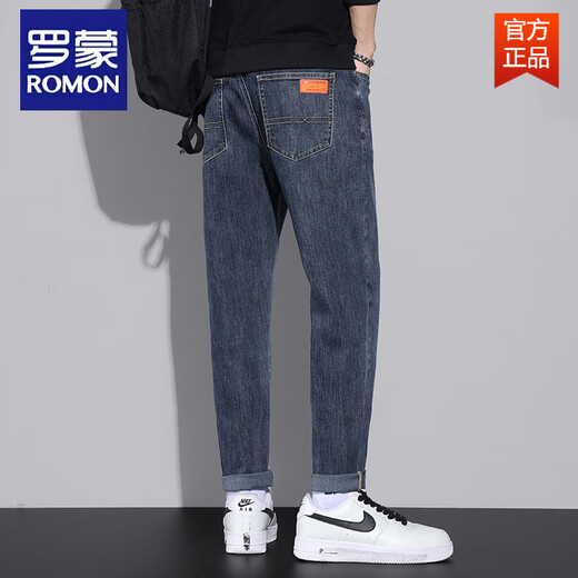 ROMON autumn jeans men's loose straight-leg trendy brand men's new elastic casual trousers spring and autumn casual jeans 6621B black style plus velvet 36