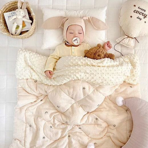 Newborn baby spring and autumn blanket, children's air-conditioned quilt, kindergarten quilt, autumn and winter quilt, soothing beanie plush blanket, bear head-embroidered beanie quilt 120x100cm
