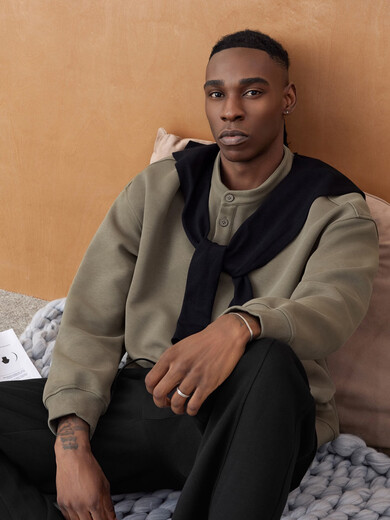 BODYDREAMBM New Henley Collar Sweatshirt Men's Autumn Casual Pullover Loose Shoulder Sports Top Dark Khaki S 110Jin Jin equal to less than 0.5kg