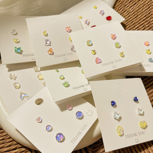 2025 Spring New Style Flashing Colorful Laser Silver Needles Small Earrings Cute Everyday Earrings Trendy Peach Heart Earrings Colorful Laser Earrings Three-piece Set-Pink Yellow Blue