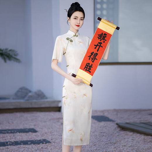 恒源祥考旗袍锦鲤2025新款夏季绿色高端旗开得胜新中式连衣裙日常可穿 679绿色大花扣 M