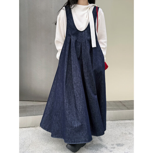 Zhidou Duo Luxi Korean retro U-neck vest denim dress for women 2025 spring new design versatile long skirt 9710 denim M