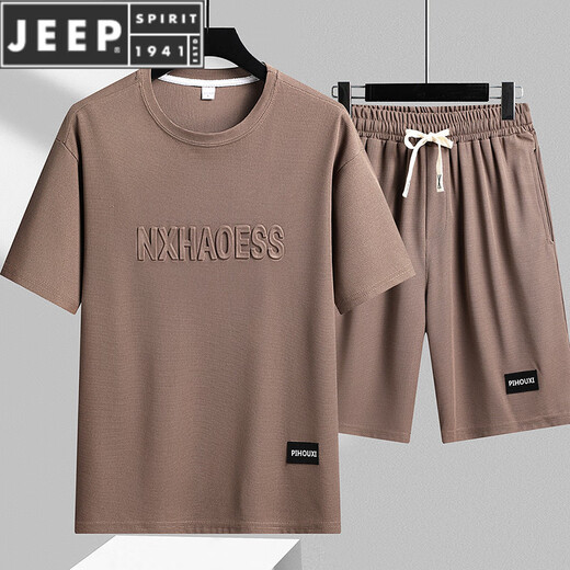 JEEP SPIRIT重磅华夫格短袖T恤男夏季宽松大码运动短裤套装工作服圆领透气潮 TZ829绿色 M