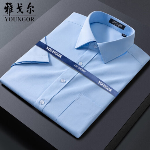 雅戈尔男士短袖衬衫商务休闲职业正装棉免烫纯色白衬衣 DX6626 蓝格子 44