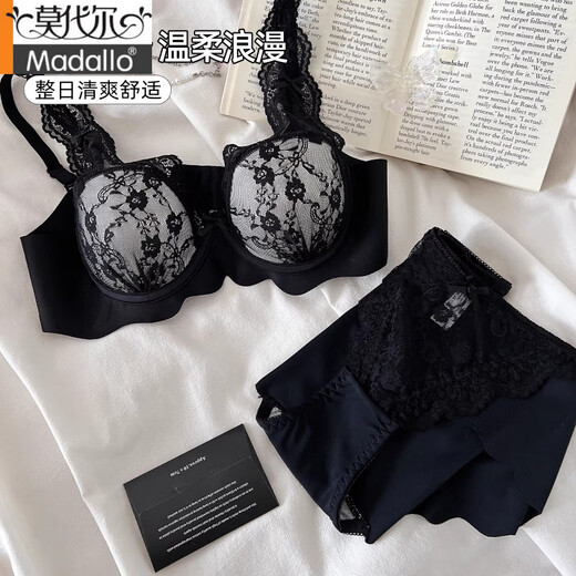 莫代尔蕾丝花边性感内衣女小胸聚拢深V无钢圈薄款纯欲胸罩网纱文胸套装 香槟肤-单内衣 S 32/70AB