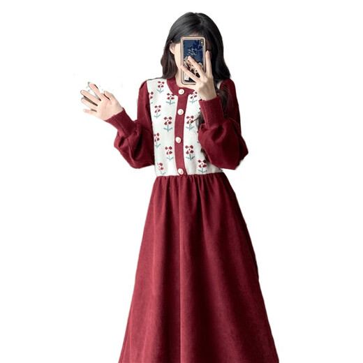 Fhhuabd Otoño e invierno Nuevo vestido rojo de pana de punto de punto con un vestido de cintura mm ligeramente gordoso de gran tamaño y un suéter espesado Vestido negro #6198 10xl M Recomendado 80-100Jin [Jin iguala 0.5 kg]
