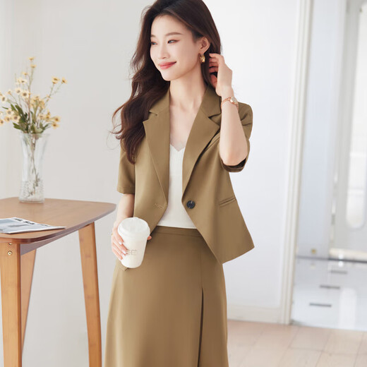 蓝色短款西装套装裙女薄款夏季小个子高级感气质职业西服外套短袖 粉色 单件外套（Ki826） 2XL