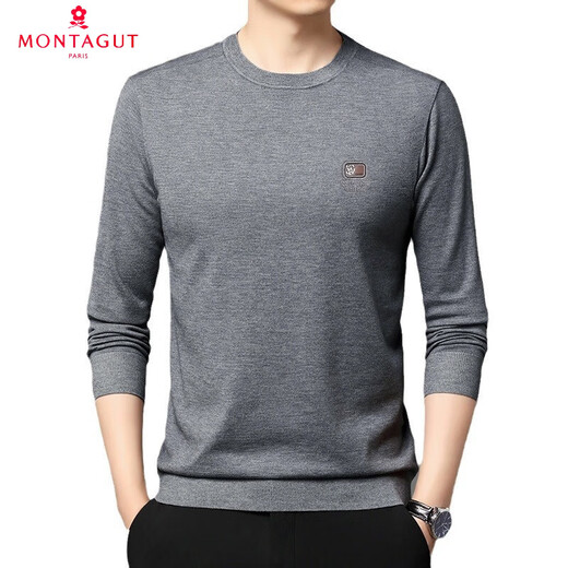 梦特娇（MONTAGUT）秋季新款含绵羊毛男士针织衫时尚休闲上衣圆领毛衣男薄款打底衫男 A16833-浅驼 M 165-48-