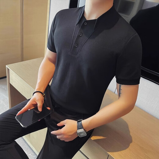 逐梦颜假两件亨利领短袖polo衫男夏季潮牌痞帅高级感修身小立领半袖T恤 黑色 2XL