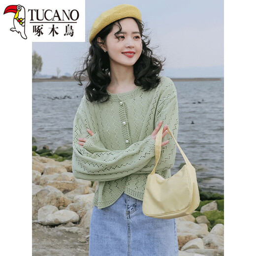 Holzspecker kurz gestrickte Strickjacke für Frauen 2025 Neues dünner Frühjahrspullover Sommer Hollow Top Aprikosenfarbe M 95-105jin [Jin gleich 0,5 kg]