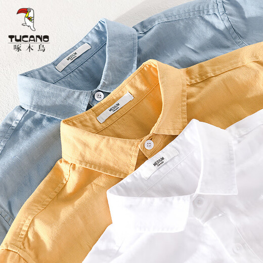 
Woodpecker (TUCANO) men's linen lapel short-sleeved T-shirt loose top with neckline T-shirt linen summer clothing yunyi-9711 white M
