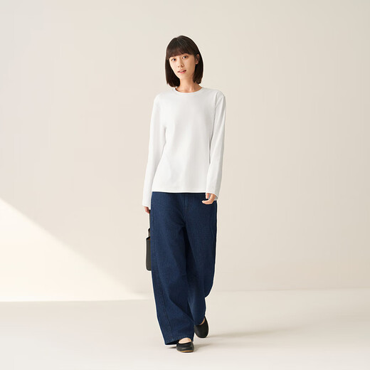 MUJI Women's Double Rib Woven Round Neck Long Sleeve T-Shirt Tops and Bottoming Shirts Women's Fall 25 White M (160/84A)