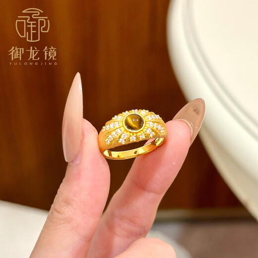 Yulongjing gold brushed tiger eye stone ring for women, new 999 solid gold dot diamond inlaid ring, closed ring for girlfriend, 12 circle size, gold about 2.1g-2.2g