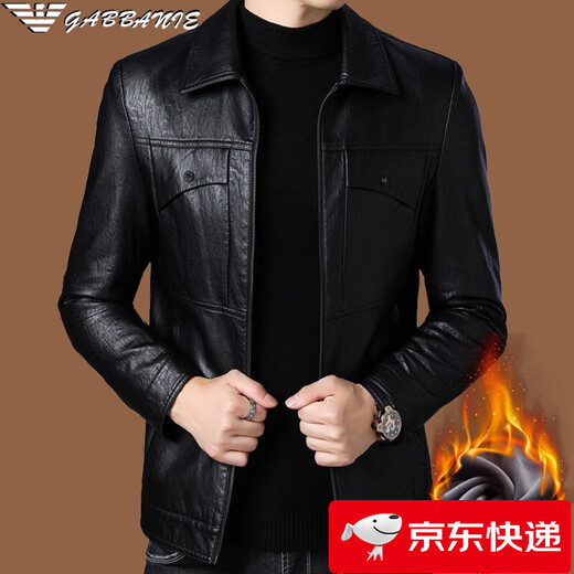 Armani (ARMANI EXCHANGE) Armani lapel leather jacket men's velvet thickened leather jacket young and middle-aged jacket men's winter jacket AG_BL813 black velvet L 175