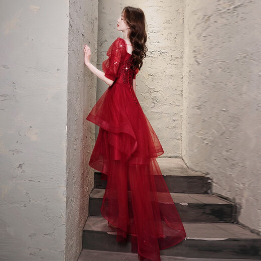 Jianfang Toast Clothes Bride 2025 New Spring and Summer Brewery Wedding Puff Sleeve One-Shoulder Escape Princess Dress Evening Dress Brewery Short Front and Long Back XS