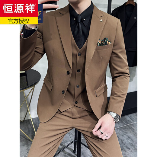 Hengyuanxiang Spring and Autumn Suit Men's Jacket Groom Wedding Dress Coffee Color Business Work Professional Formal Suit Suit Men Coffee Color (suit + vest + trousers, black shirt tie) S 46
