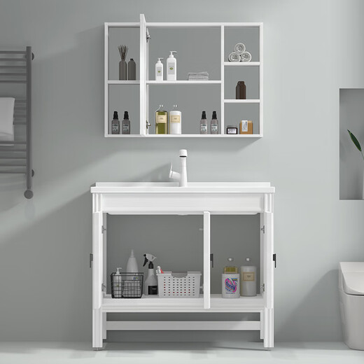 Wrigley Space Aluminium Badezimmerschrank Kombination Verdickte Boden-auf-Wand-Waschbecken Waschbecken Waschanstresung Tisch Licht Luxus 50 breites weißes Holz 12250 Floor-Off + Waschbecken Kleber
