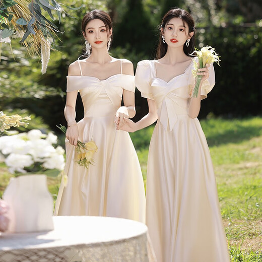 
Qili Miao Champagne Color Bridesmaid Clothing 2025 Summer New Satin Bride Sister Group Dress Long Performance Clothing 831 Champagne Color D Long Style One Size m