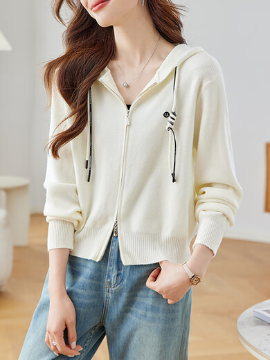 QIAFAN Spring 2025 new hooded knitted cardigan for women casual loose zippered sweater jacket for women spring and autumn clothing Mint green M [90-105Jin[Jin equals 0.5 kg]]