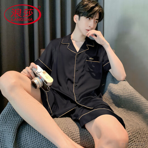 LangSha light luxury high-end pajamas for men in summer thin ice silk short-sleeved teenagers can wear outside for men 2025 new home 12532 [Yunduo Cotton Crepe] L Recommended height 170, weight 100-130