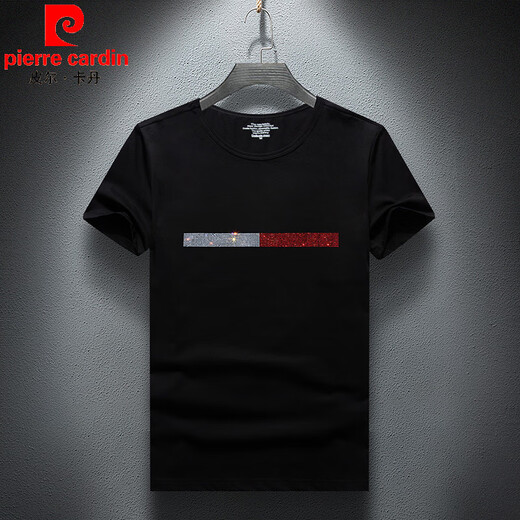 Pierre Cardin 2025 new summer men's clothing trendy brand hot diamond round neck short-sleeved T-shirt youth handsome versatile trendy tops for men 1048 black S (suitable for 90-110 Jin Jin is equal to 0.5 kg)