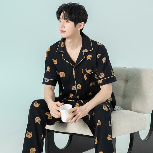 
MOJY pajamas men summer pure cotton short-sleeved trousers cute cartoon kitten home clothes cardigan thin new suit ctwm6227 lycra cotton men's pajamas XL size X