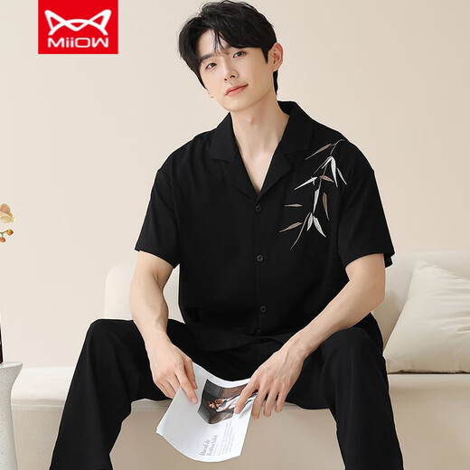 Catman miiow pyjamas de style chinois Men d'été coton pur pantalon à manches courtes adapter les hommes nouveaux cardigan chinois vêtements de maison d'été style mince -695 l