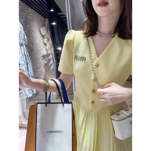 轻奢高级感小香风连衣裙女2025夏季新款拼接洋气百褶裙子D1478 S(100斤以下)