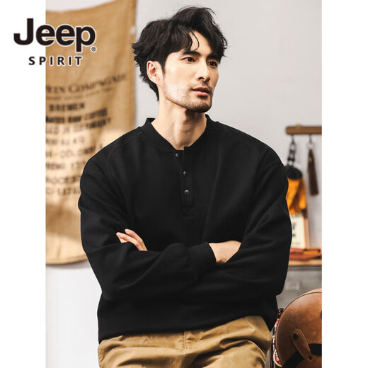JEEP SPIRIT Jeep retro sweatshirt men's autumn trendy Henry collar half cardigan jacket men's spring and autumn long-sleeved POLO shirt men's black 350g heavyweight XL suitable for 145-160Jin Jin equals 0.5 kg
