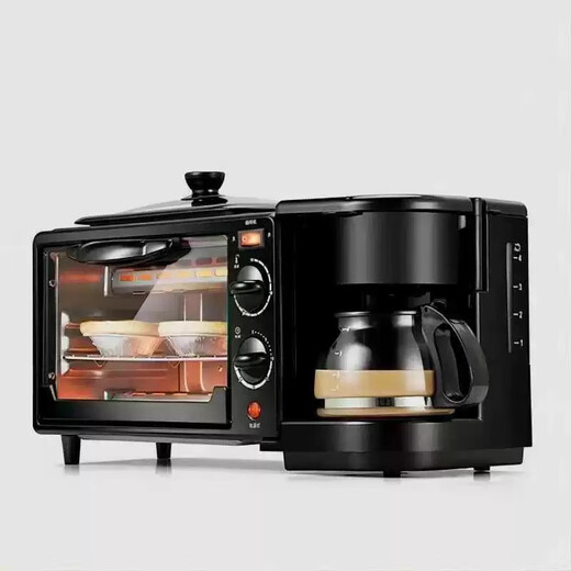 Lazy dormitory four-in-one breakfast machine, coffee, steaming, roasting, frying, and cooking all-in-one pot, multi-functional household small mini oven, 12L baking pan, frying pan, coffee machine, three-in-one black (US regulations)
