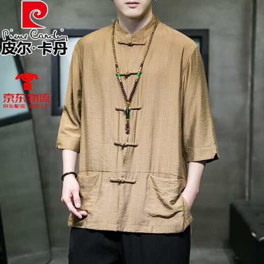 皮尔卡丹（pierre cardin）中国风冰丝七分袖衬衫男装汉服夏季垂感短袖衬衣宽松大码盘扣唐装 Y677黄色 2XL