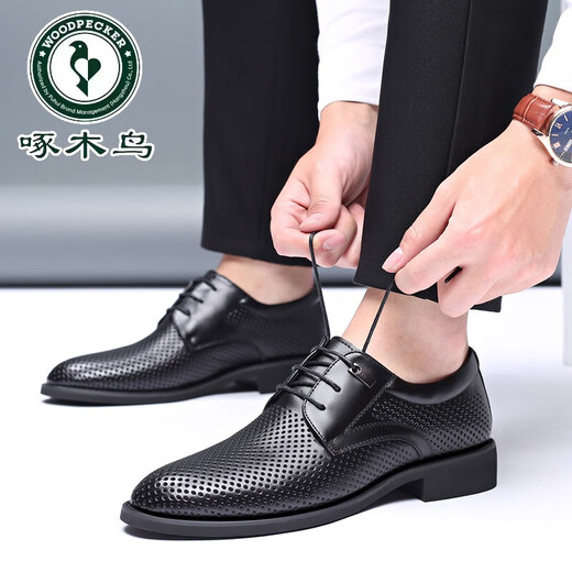 Woodpecker head layer cowhide men's sandals summer genuine leather hollow leather shoes business casual height-enhancing British lace-up men's shoes 9928 black height-enhancing hollow sandals 38