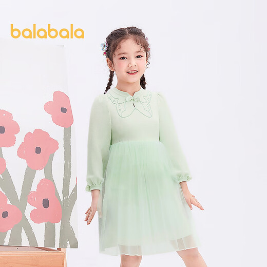 Balabala Children's Clothing Children's Dress Autumn and Winter Girls Woolen Splicing Mesh Princess Dress Western Fashionable Sweet Green Tone 00344 140