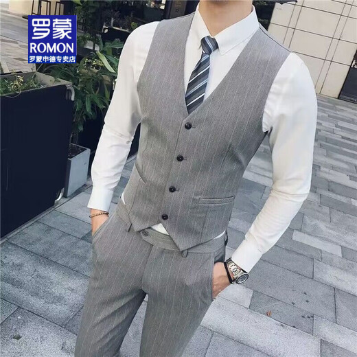 罗蒙（ROMON）西装马甲坎肩韩版修身西服马甲套装背心伴郎团兄弟装男式西服马夹 1908黑色《马甲＋西裤》领带 XL 126-135斤