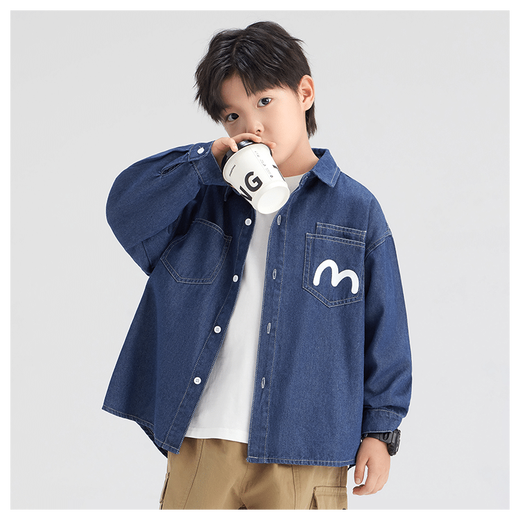 Zuoxi Boys Denim Shirt Children's Jacket Long Sleeve 2026 New Spring and Autumn Boys' Shirt Denim Color 150
