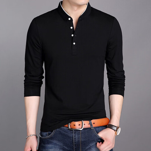 LAORENTOU pure cotton long-sleeved T-shirt men's stand-up collar bottoming shirt solid color versatile Korean version slim HM602 black 2XL 120/54 recommended 160-175Jin Jin equals 0.5 kg