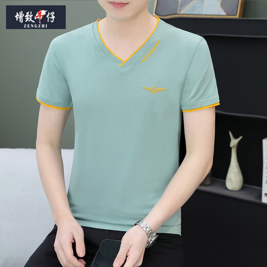 增致牛仔（ZENGZHI）夏季男士短袖t恤纯棉v字领潮流修身半截袖青年休闲上衣服薄款汗衫 黑色 QY693 M