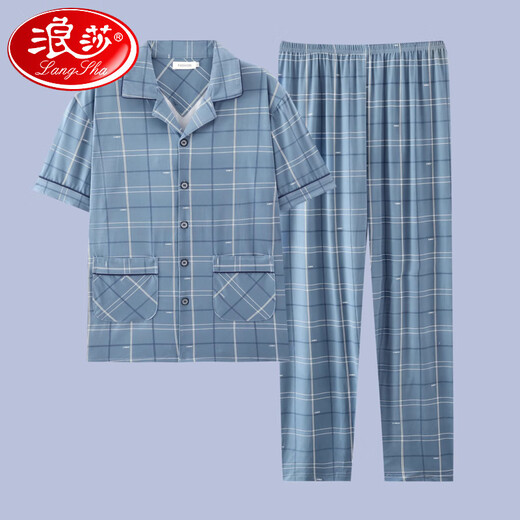 Langsha (Langsha) 2025 Neue Pyjama für Männer mit kurzärztem reinem Baumwollanzug Sommer-Herrenhosen Teenagern können außerhalb der G3884-Hose aus Blau-Short-Ärmeln zu Hause tragen.