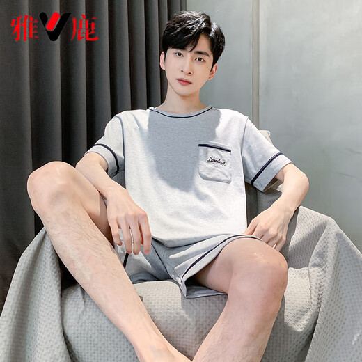 雅鹿睡衣男夏季短袖短裤棉质青少年初中学生套装男款家居服胖子4XL HDE9930 XL