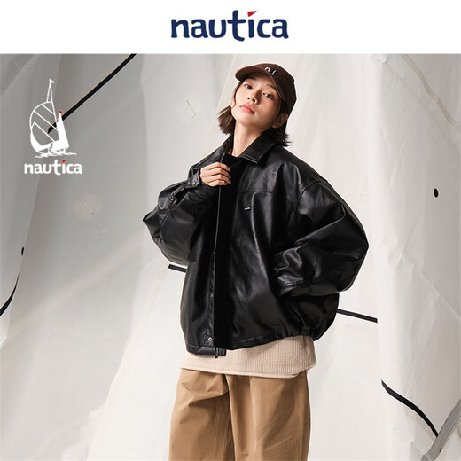 Nautica white sail star same style white sail CityBoy unisex Japanese loose O-type retro imitation leather jacket JW5402 black 0TB S