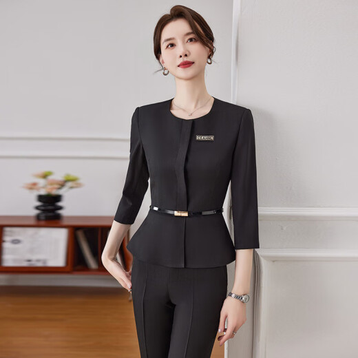 New blue quarter-sleeved small suit jacket for women beauty salon jewelry store two-piece professional suit green suit + skirt (JY6210) 2XL