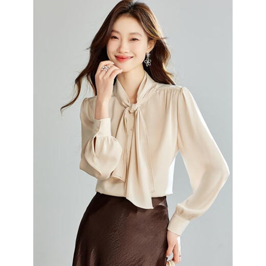 塔驰密司（touchmiss）优雅气质飘带雪纺衬衫女春季新款宽松长袖上衣TM3888GY 奶油杏 M