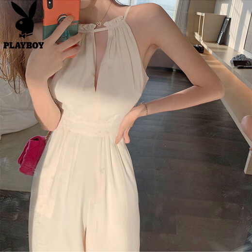 Playboy; Playboy Summer 2025 White Hollow à sauts en combinaison Nouveau tempérament Temps de cou de licolon sans manches à épaules éteintes pour les femmes hautes taille pantalon largeur blanc S 70 à 95 poids