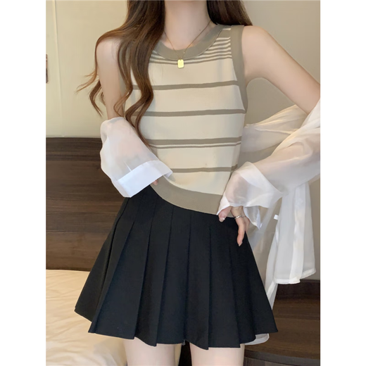 Chaleco de suspensión de punto rayado retro francés para mujeres en verano, exterior, camisa base sin mangas, negro, talla individual, recomendado 85-135 Jin [Jin equivale a 0.5 kg]