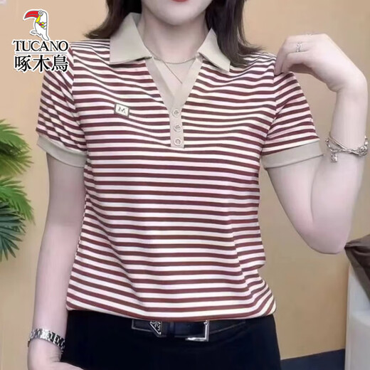 
Woodpecker summer new mother women's striped short-sleeved Polo shirt loose and versatile casual top 9928 brown 4XL 160-175Jin [Jin equals 0.5 kg]
